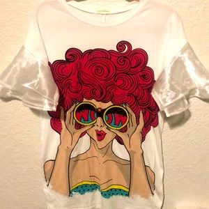 White cotton graphic t-shirt with short satin ruffle sleeves size XL